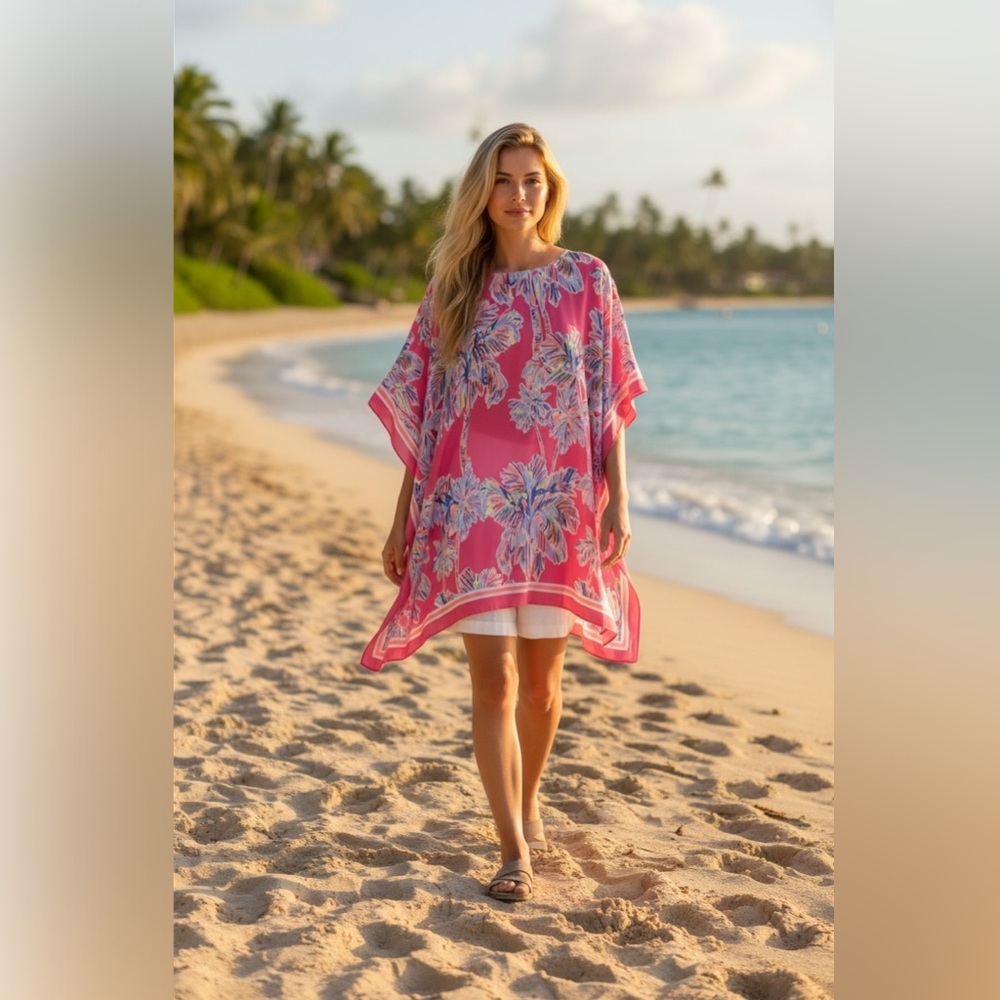 Lilly Pulitzer SILK CAFTAN DRESS Nice Stems PINK Palm Trees S/Medium​